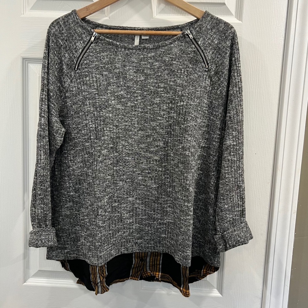 Est. 1946 Womens XL Mixed Media Plaid Hem Ribbed Knit Top Grey Marled Zippers